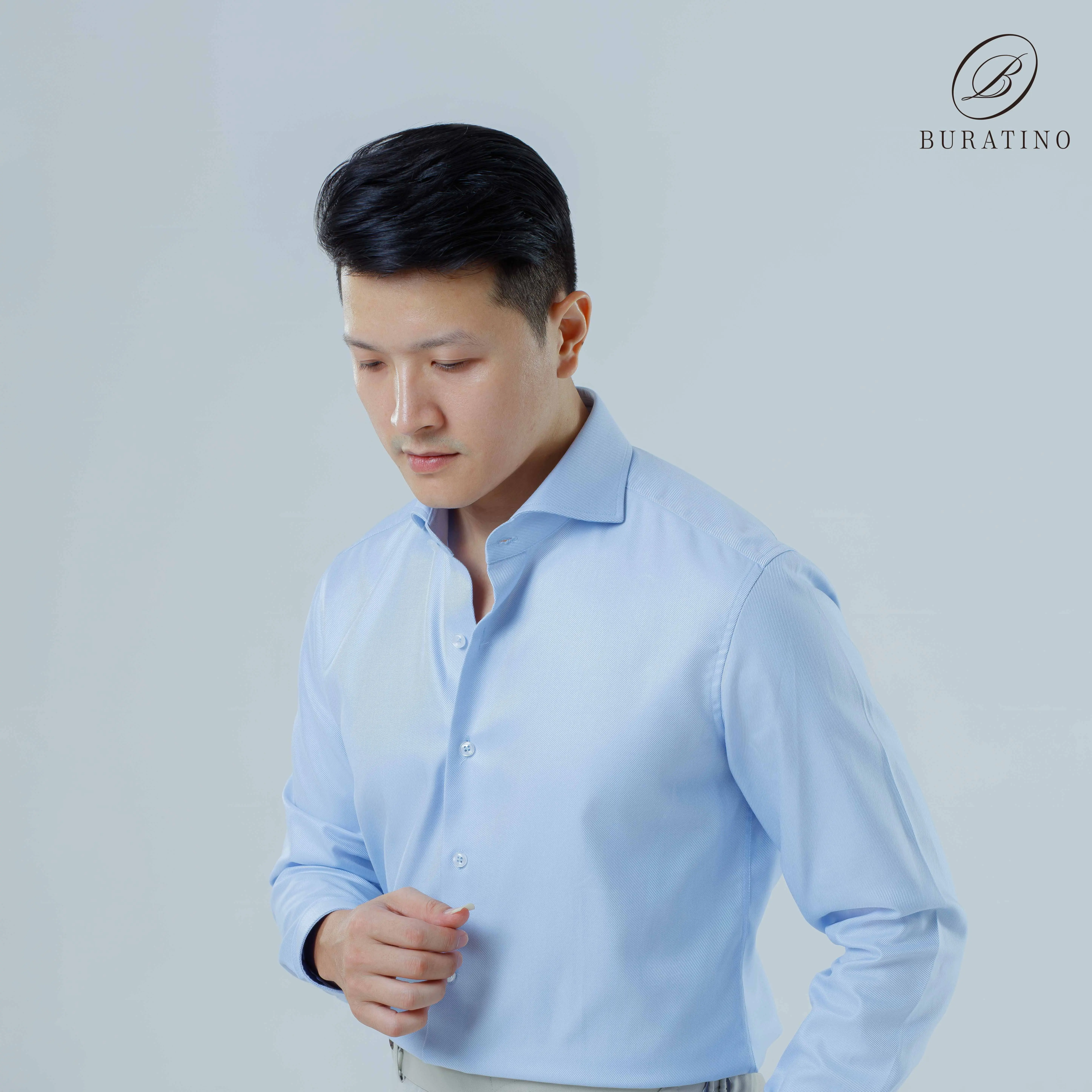 Sơ mi nam xanh chất cotton dệt chéo cổ Cut away - BURATINO