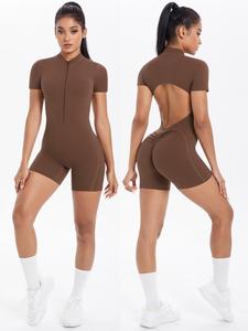 Body de yoga para mujer con cremallera de nylon, ropa deportiva de alta resistencia, diseño sexy sin espalda, ajuste ceñido en color liso