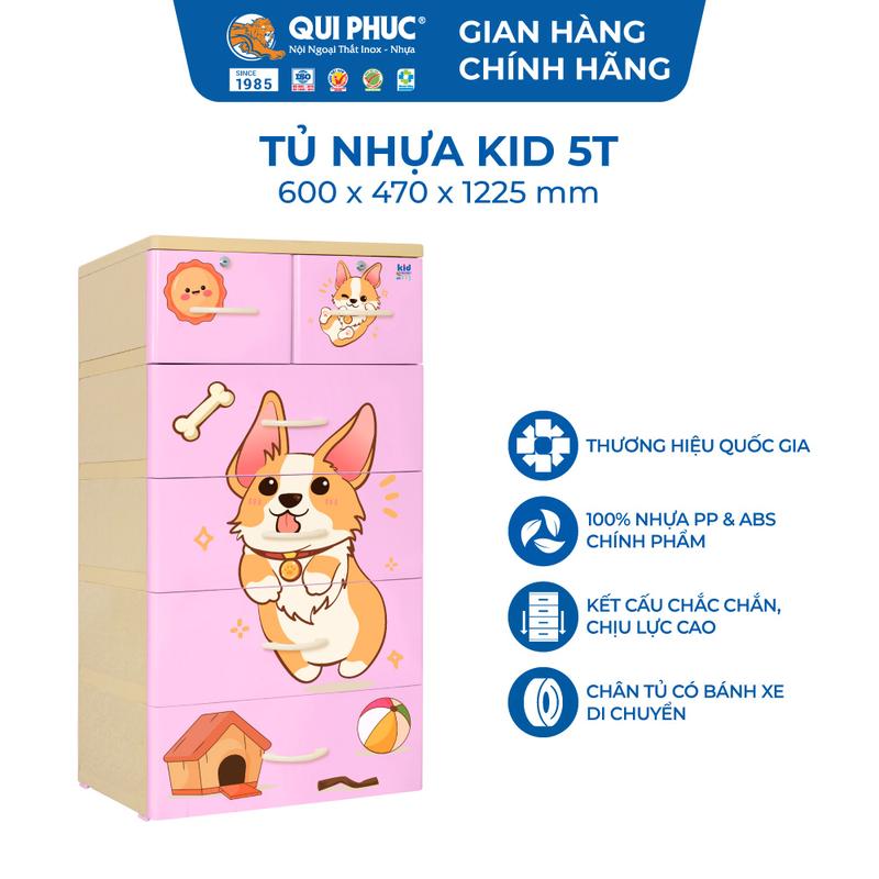 Tủ Nhựa KID 5 Tầng Cho Bé - Chính Hãng Qui Phúc – Họa Tiết Ngộ Nghĩnh, Nhựa PP & ABS Chính Phẩm, Bánh Xe Di Chuyển Dễ Dàng