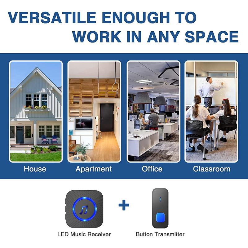 Wireless Music Doorbell, Multifunction Waterproof Doorbells with Button Transmitter & LED Flash, Self-adhesive Indoor Security Device for Home Classroom Office, Valentine's Day Gift 7