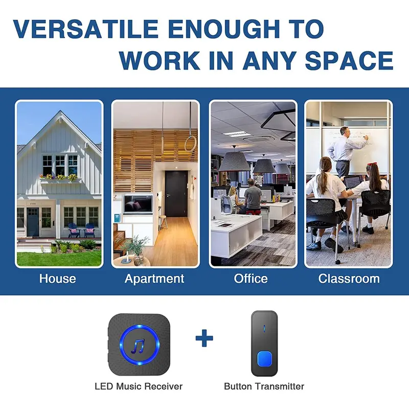 Wireless Music Doorbell, Multifunction Waterproof Doorbells with Button Transmitter & LED Flash, Self-adhesive Indoor Security Device for Home Classroom Office, Sensor, Decorative, Modern 6