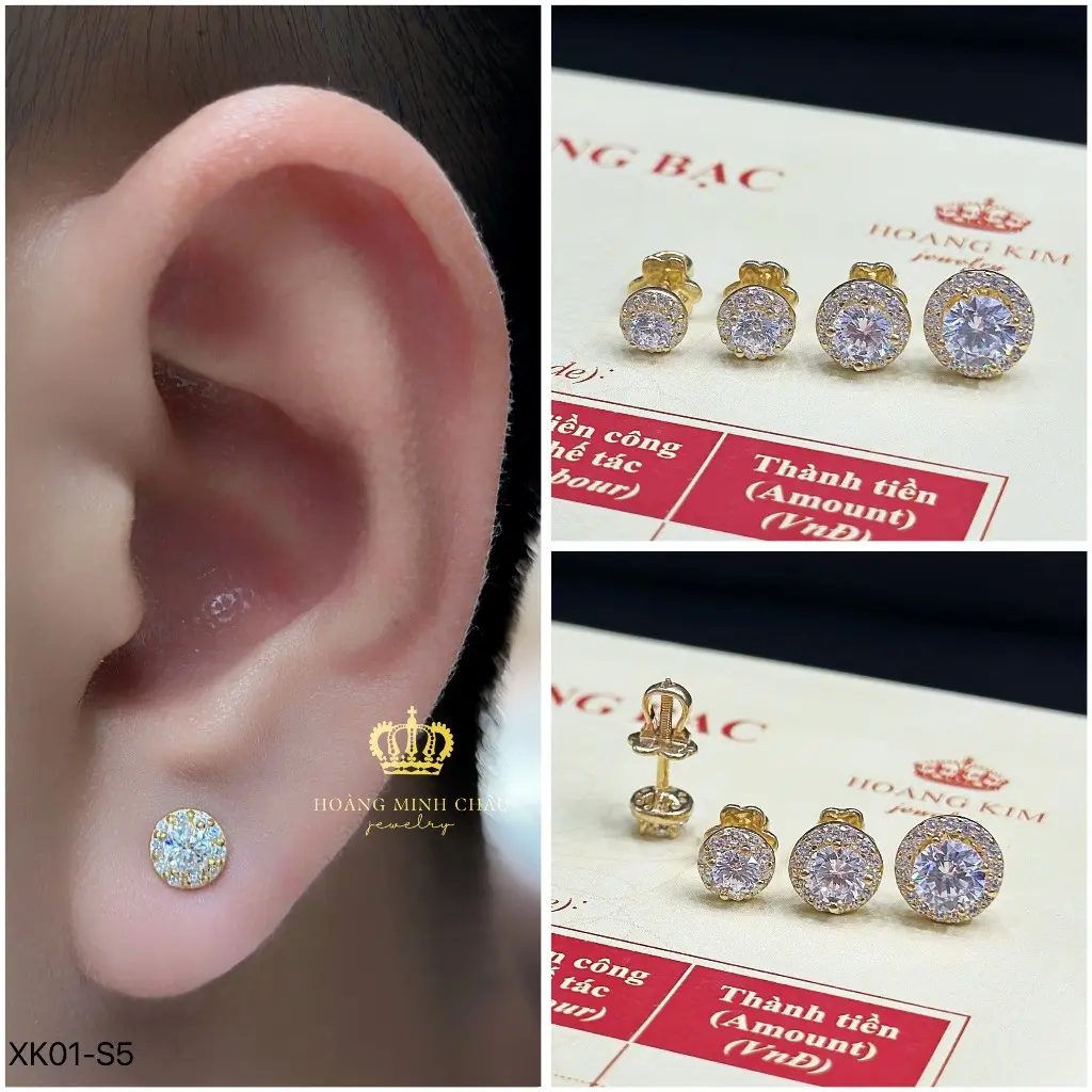 Bông tai nụ bạc xi vàng 18k Hoàng Minh Châu Jewelry - bộ sưu tập khuyên tai nụ nam nữ chuẩn bạc