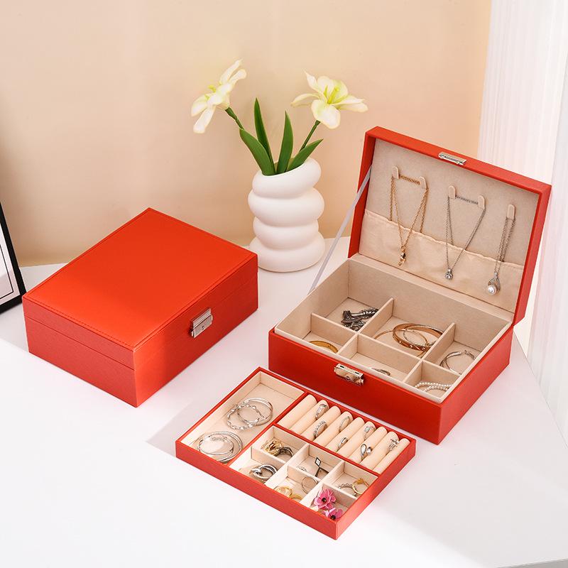 Hộp trang sức 2 tầng dung tích lớn chất liệu da có khóa dụng cụ sắp xếp đồ trang sức thích hợp cho đinh tán đá quý Nhẫn Vòng Cổ vòng tay hộp bánh kem ảo thuật đựng dây chuyền nam Hộp Đựng Trang