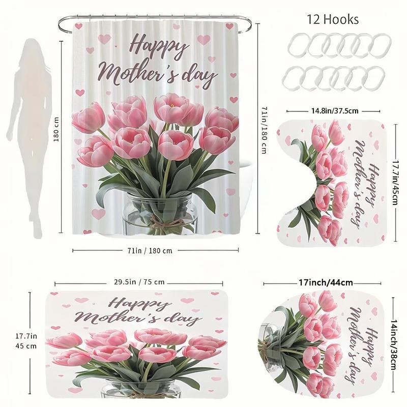 Product Introduction of Floral Pattern Bathroom Accessories, 1 Set Including Shower Curtain, U-shaped Mat, Toilet Lid Cover, Bath Mat, Bathroom Decor Supplies 1