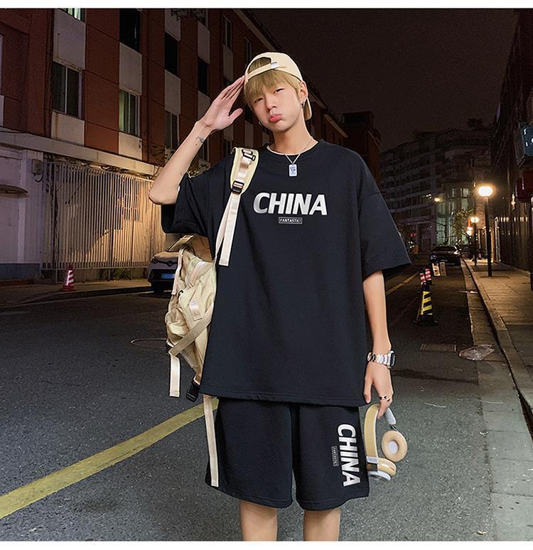 Product Introduction of Summer New Trendy Hong Kong Style Simple Letter Printing Leisure Sports Suit Green Student Short Sleeve Shorts Two Pieces Suit Menswear Overalls Lingerie Formal 30
