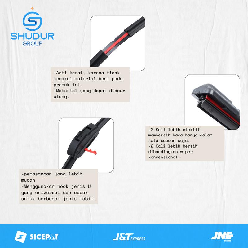 Shudur Group Wiper Mobil Double Blade 2 Lapis Karet Frameless Model Dual Blade Windshield Tanpa Rangka Besi Untuk Semua Jenis Kendaraan Mobil Kiri dan Kanan Universal Bonus 5 Produk 6