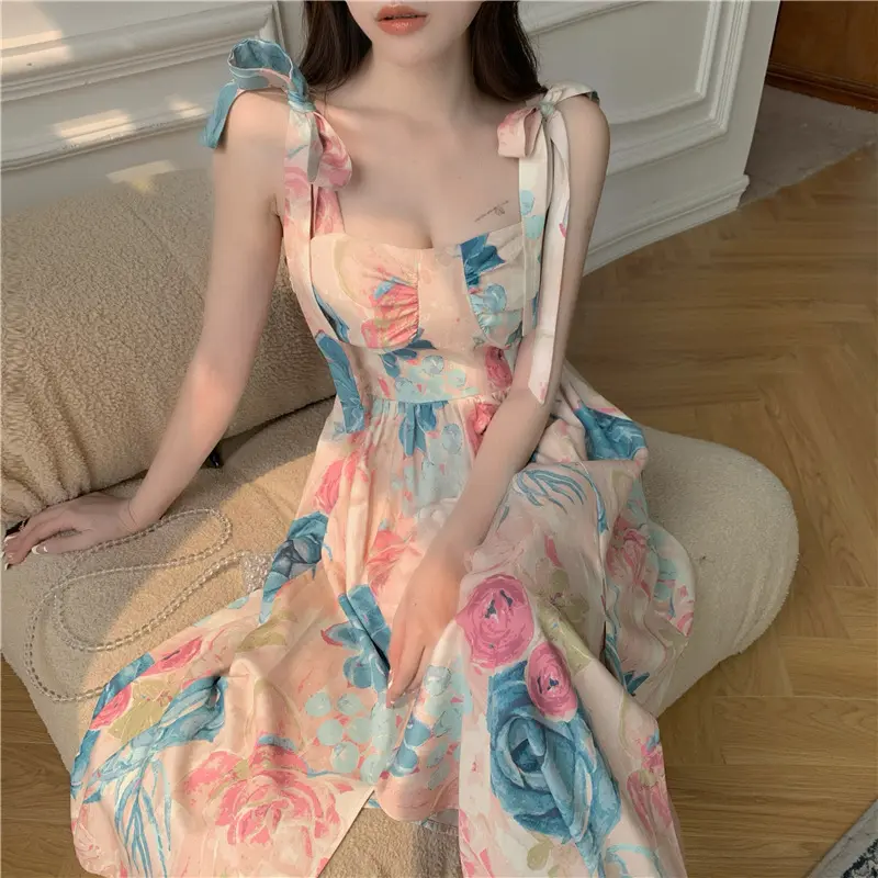 Váy Hai Dây Mùa Hè Mới, Siêu Thanh Lịch, Kỳ Nghỉ Bên Bờ Biển, Du Lịch, Chụp Ảnh, Tranh Sơn Dầu Retro Kiểu Pháp, Váy Thanh Lịch In