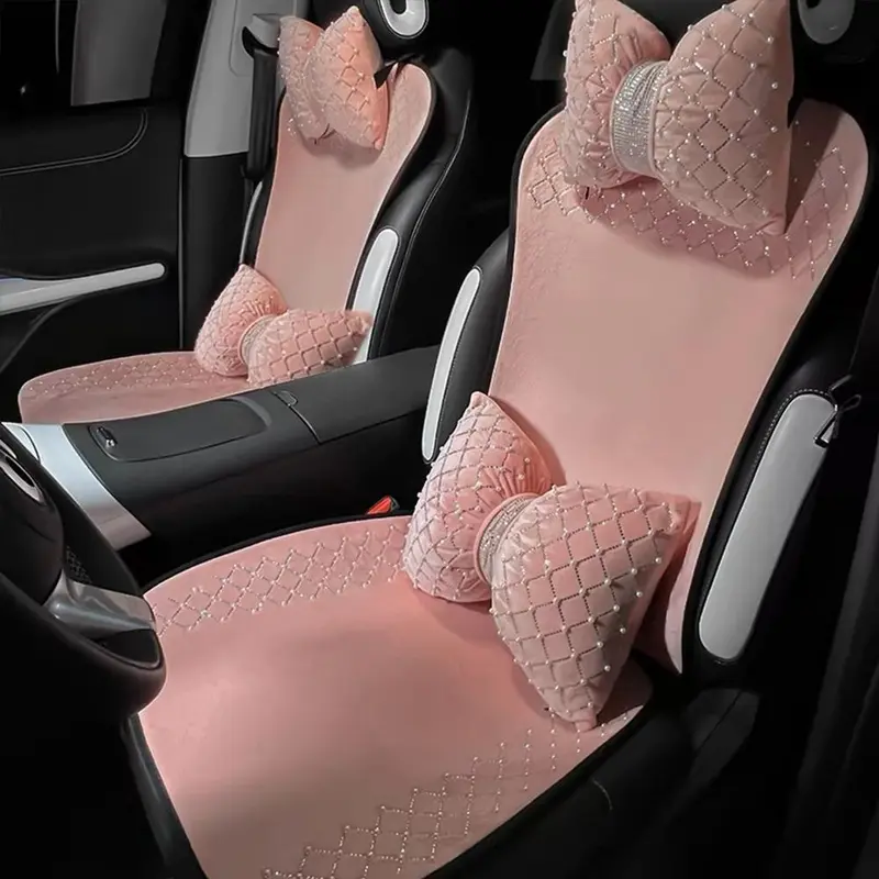 Product Introduction of Rhinestone Decor Car Headrest Pillow & Lumbar Pillow, Cute Car Seat Neck Support Pillow, Sparkling Car Interior Accessories for Women & Girls 0