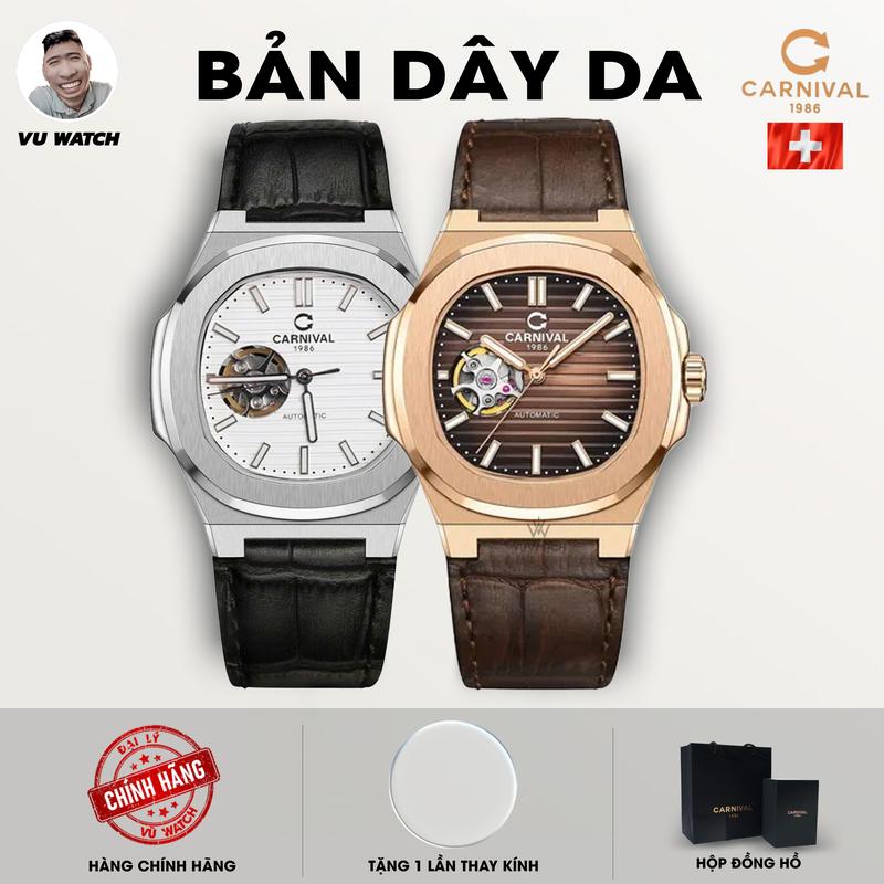 Đồng Hồ Nam CARNIVAL 8128G [M4500] Vành trơn - Dây Da | Tặng một lần thay kính
