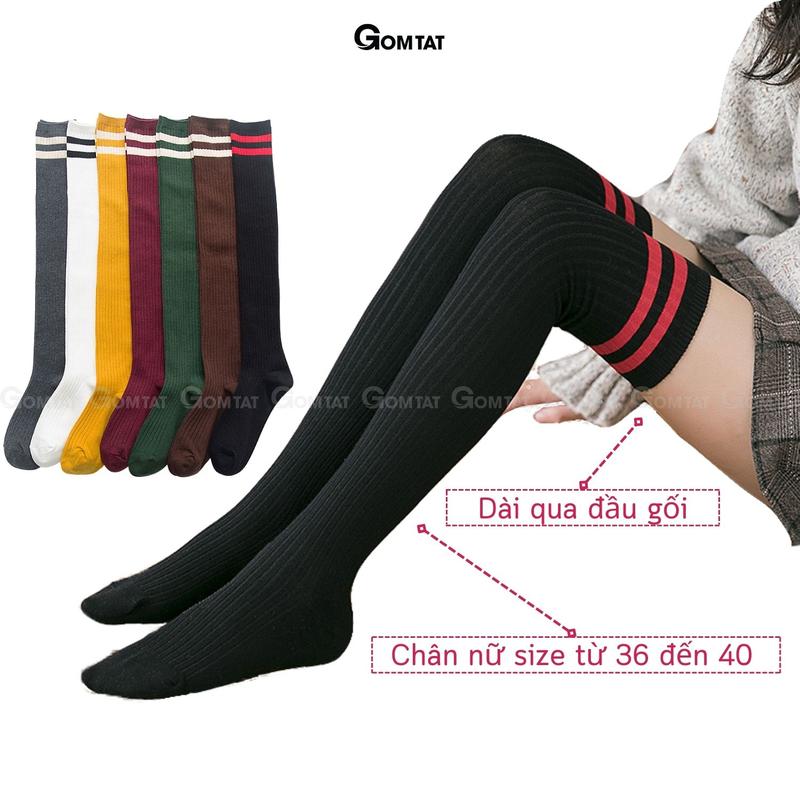 Tất Dài Qua Gối nữ GOMTAT thời trang Hàn Quốc mẫu 2 sọc ngang, vớ dài nữ chất liệu cotton cao cấp, tất dài nữ, vớ dài qua gối - FIVE11-DAI-DAUGOI