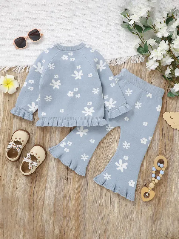 Toddler Girl's 2pcs Floral Print Button Front Cardigan Jacket & Ruffle Hem Flare Leg Pants Set, Casual Cute 2 Piece Outfits for Little Girls Spring & Fall, Kids Clothes, Co-ord Set Outfits, Comfy Outfits, Girls Clothing Sets, Kids Clothing 1