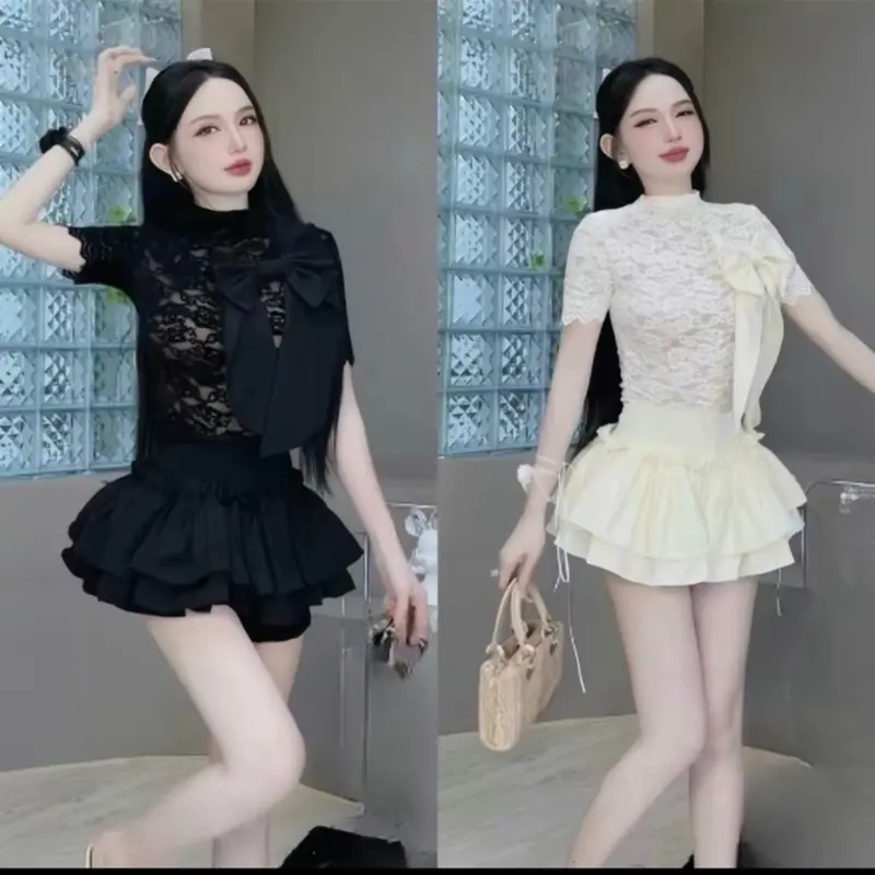 Set Áo Ren Nhung Đính Nơ + Chân Váy Bo Eo 2 Tầng ( Đi Tiệc, Dạo Phố, Đi chơi ) Top Nữ Women Voi 4