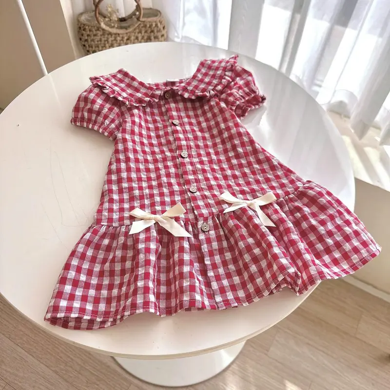 [Pinkids] [8-26kg] [1-6 tuổi] Váy Bé Gái Cổ Sen Dáng A Đuôi Cá Caro đỏ Cổ Nhọn Xinh Yêu Cho Bé Mặc Đi Học, Đi Chơi,.... 0