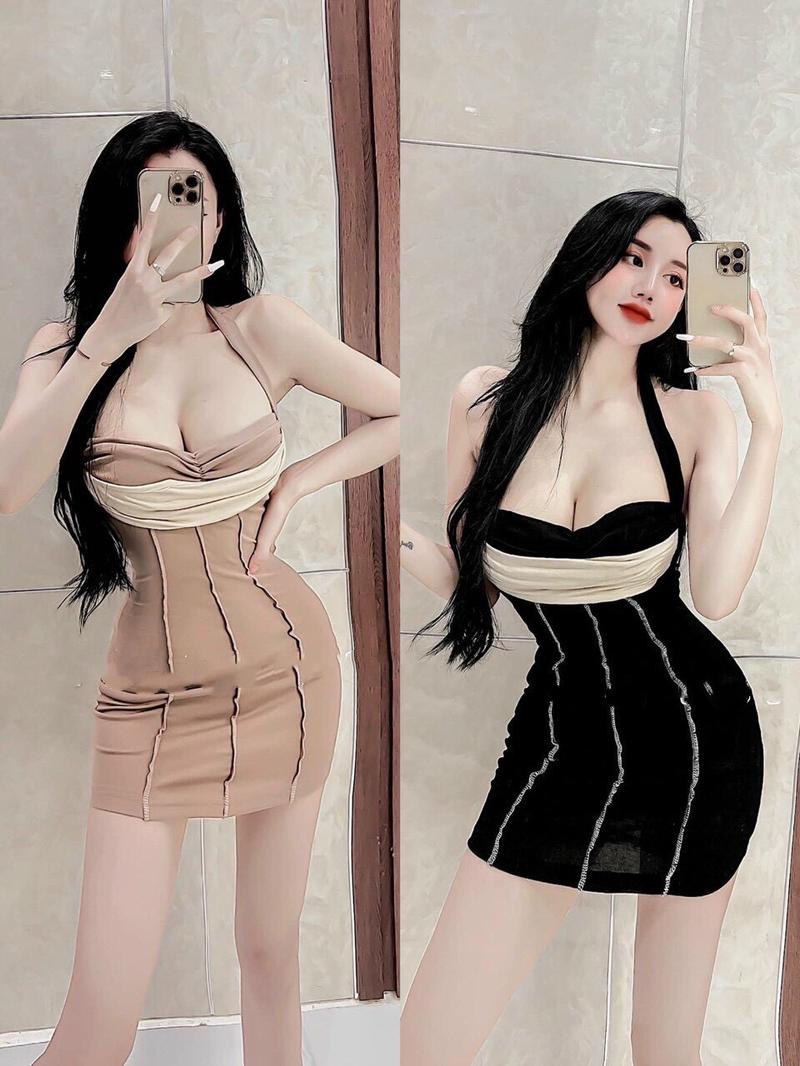 Product Introduction of Váy body cổ yếm phối màu gân viền dáng ngắn 2