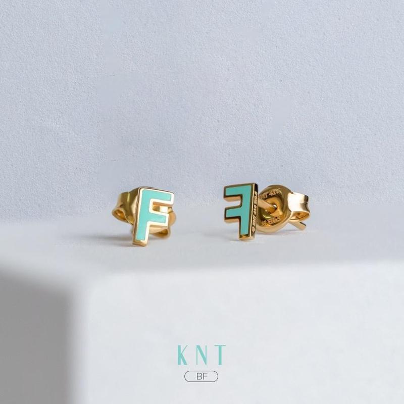 Hoa tai vàng  10k “Sea LA Vie” Chữ F tráng men đính đá cao cấp CZ kèm chốt vàng 10k - Hoa tai nữ [Kim Ngọc Thủy] 3