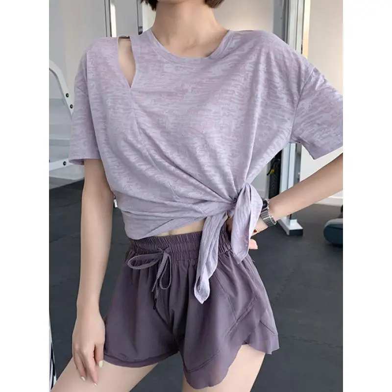 [ 11k Positive Reviews] Split Knot Sports T-Shirt for Women Loose Plus Size Running Fitness Quick-Dry Top Summer Thin Short Sleeve Yoga Shirt