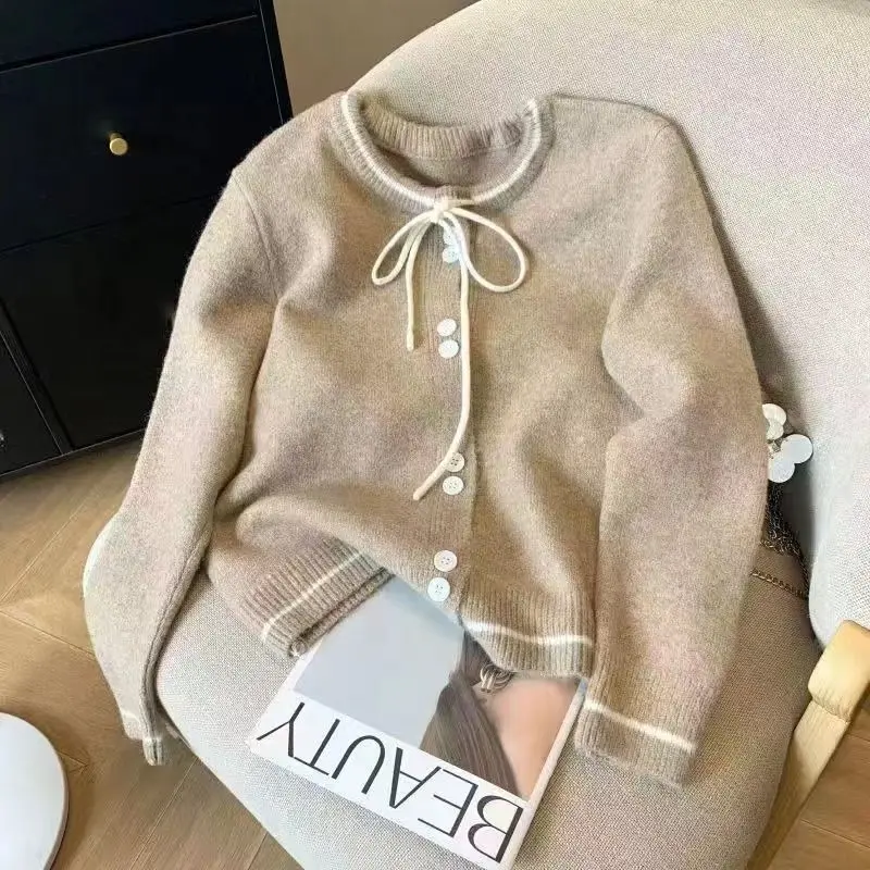 Áo Khoác Kafuu Phong Cách Pháp, Dáng Rộng Vừa Vặn, Áo Len Cardigan Có Nơ, Nhẹ Nhàng Và Thanh Lịch, Áo Len Dệt Kim, OOTD 2024 1