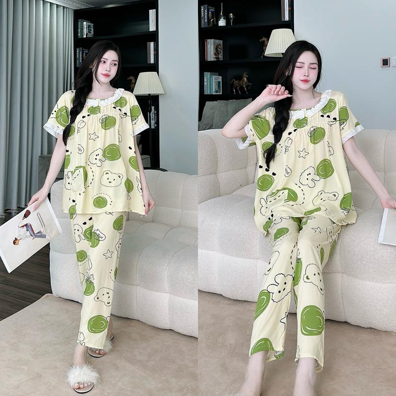 Bộ Mặc Bầu Và Sau Sinh Dáng Quần Dài Áo Cộc Babydoll Tôn Lanh 2 Da Thái Mềm Mịn Thoáng Mát Freesize 42kg-72kg Dành Cho mẹ Bầu