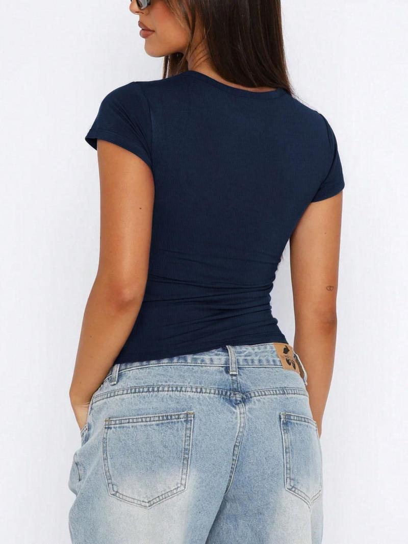 Product Introduction of Women's Plain Round Neck Crop Tee, Casual Short Sleeve Crew Neck T-shirt for Daily Wear, Ladies Clothes for All Seasons 3