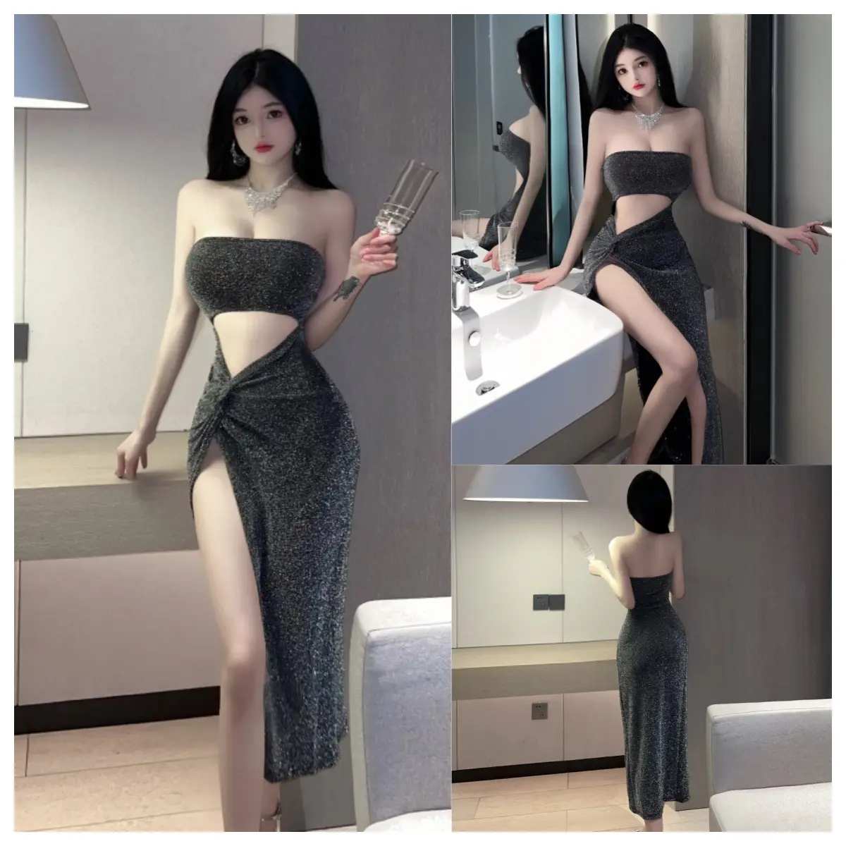 Hot new women sexy sequined shiny hot girl hollow-out tube long dress high waist slit long dress nightclub hot girl suit two-piece set side knotting satisfactory temperatre club dress hot dress