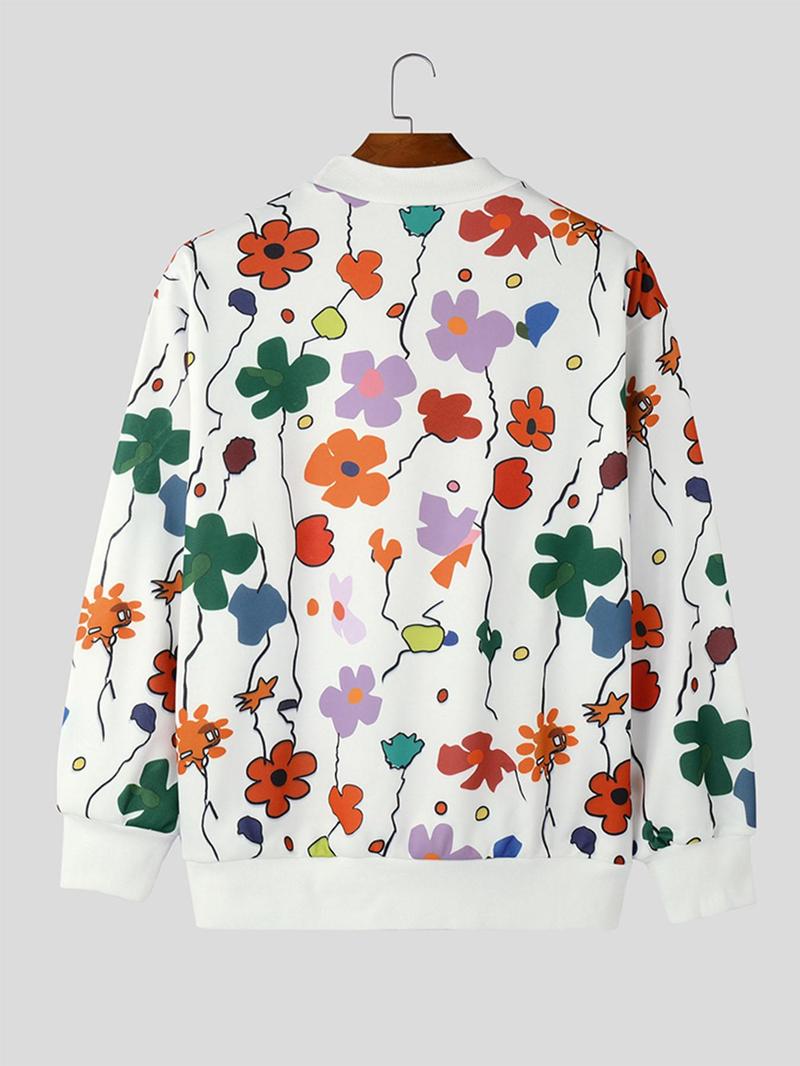 Product Introduction of Men's Floral Print Mock Neck Sweatshirt, Trendy Loose Casual Long Sleeve Pullover for Spring & Fall, Fashion Men's Top for Daily Wear 7