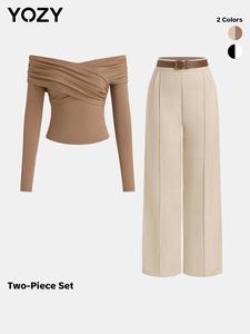 YOZY Women's Solid Off Shoulder Ruched Tee & Belted Pants Two-piece Set, Fashion Top & Zipper Trousers for Daily Outdoor Wear, Fall&Winter Outfits, Tummy Flattering