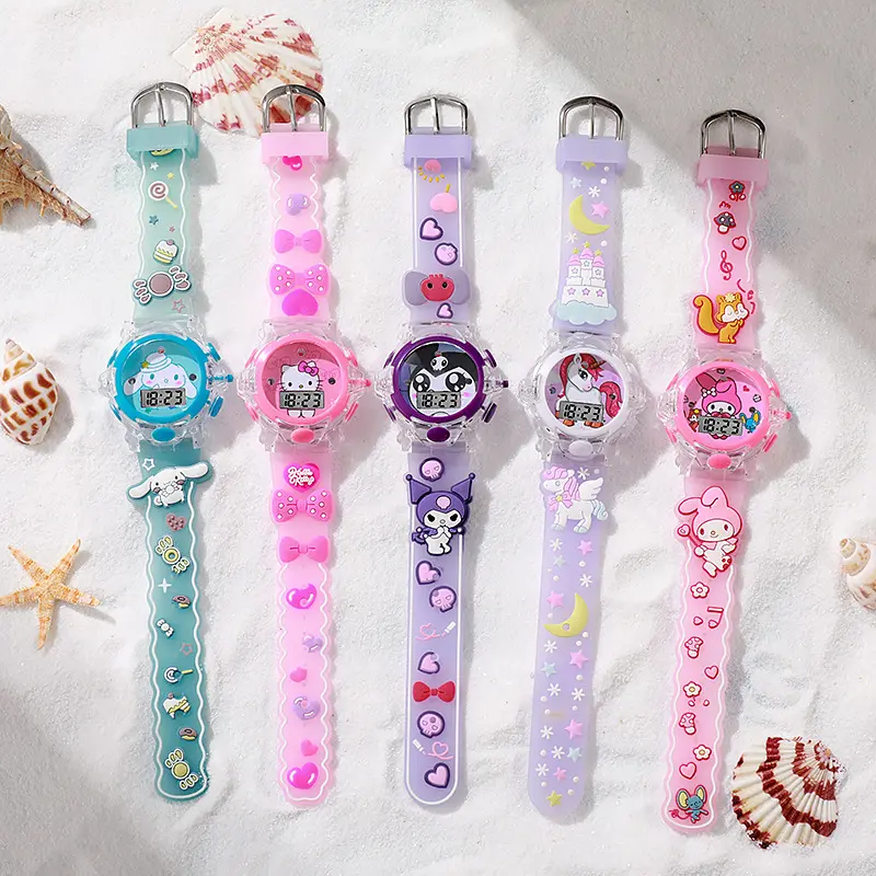 New Oval Electronic Watch Cartoon Children's Watch Rainbow Flashing Lights Music Electronic Watch Child Wrist Watch Quartz Watchband Flash Watch Clock Girl Gift Kid Watch
