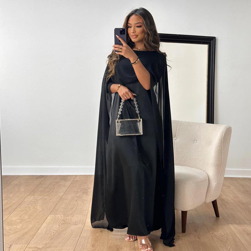 Product Introduction of Muslim women's round neck, loose and large hem Middle Eastern robe chiffon dress 6