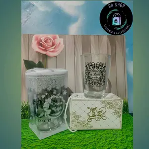 souvenir gelas H10V sablon nama dan kemas box / mika free tali ukur dan kartu ucapan