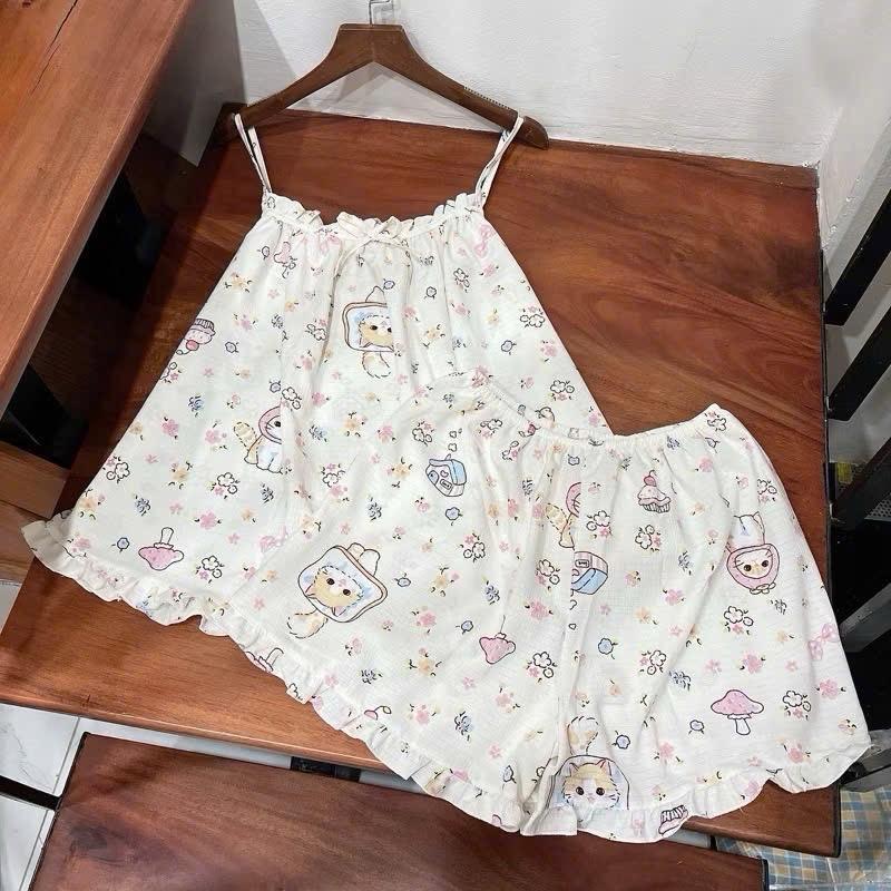 Đồ Bộ Ngủ 2 Dây Mặc Nhà Chất Liệu Đũi Xốp, Cotton Hàn Nhiều Hoạ Tiết Xinh Xắn Mùa hè