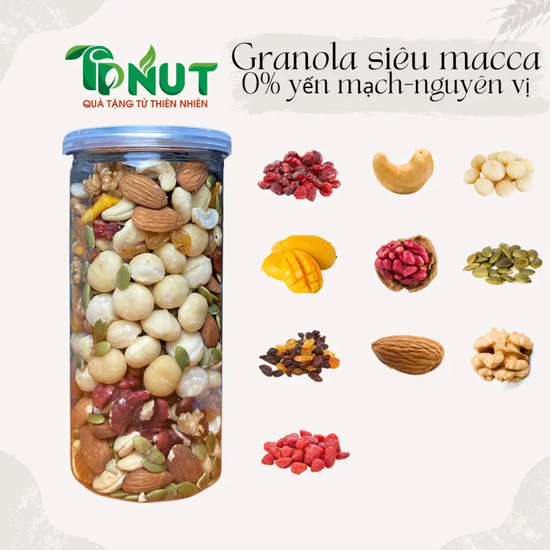 500g Granola siêu macca 0% yến mạch TPNut có nguyên vị và mật ong 0