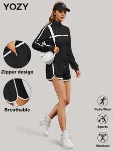 YOZY Women's Contrast Binding Zip Up Jacket & Drawstring Waist Shorts Two-piece Set, Casual Long Sleeve Mock Neck Outerwear & Shorts for Daily Wear, Ladies Spring & Fall Clothes