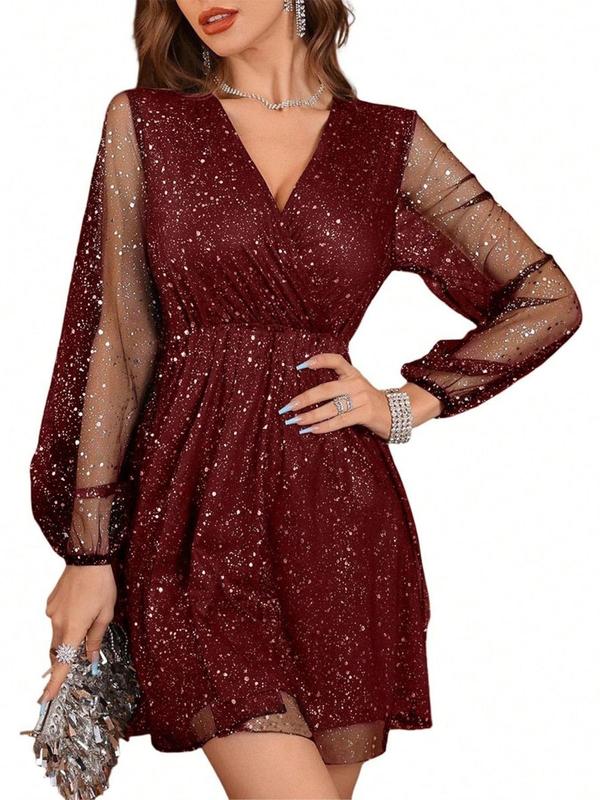 Women's Glitter V Neck Wrap Sheer A Line Dress, Elegant Long Sleeve Short E Fancy Dress Women for Party Cocktail Prom, Ladies Spring & Fall Clothes, Fancy Dress Adult 4