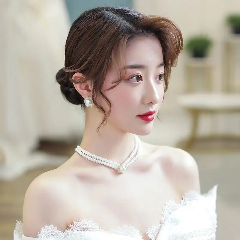 Bộ Bông Tai Vòng Cổ Ngọc Trai, Hai Lớp, Phụ Kiện Váy Cưới Cô Dâu, Bộ Bông Tai Cô Dâu 1