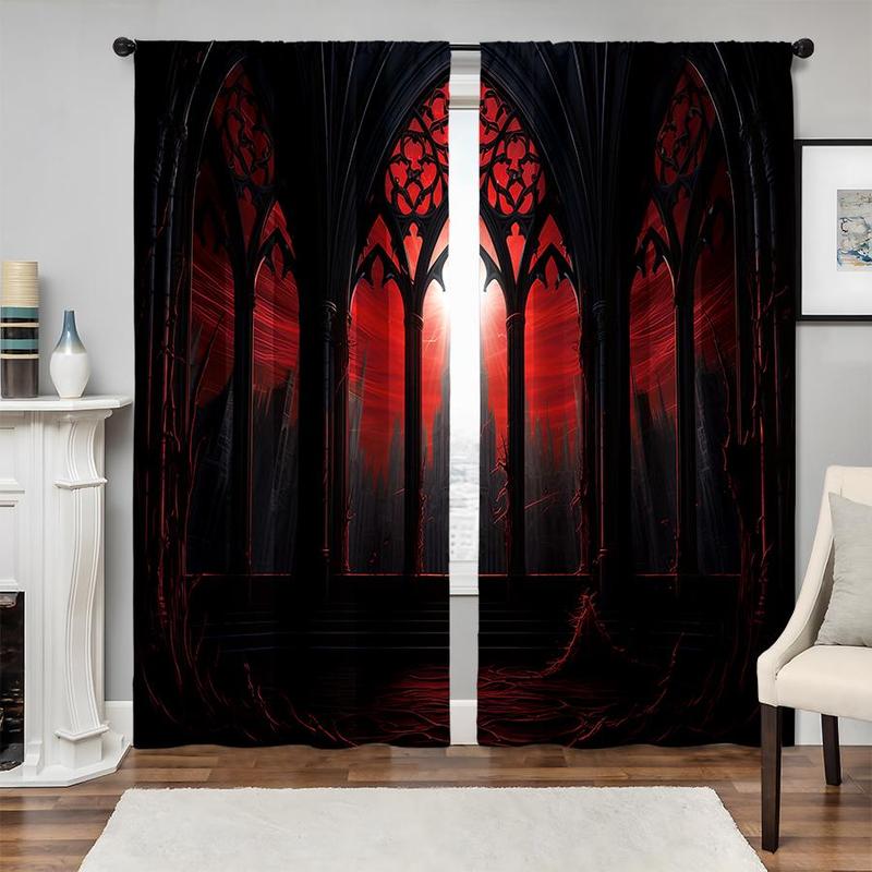 Product Introduction of Gothic Castle Print Black Out Curtain, 2 Counts Creative Decorative Curtain for Bedroom Living Room 16