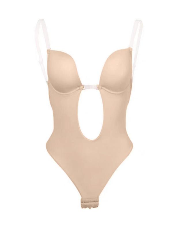 Women's Plain Sexy Cut Out Deep V Neck Backless Shapewear Bodysuit, High Stretch Transparent Shoulder Strap Thong Design Bodysuit, Ladies Shapewear Clothing for All Seasons 0