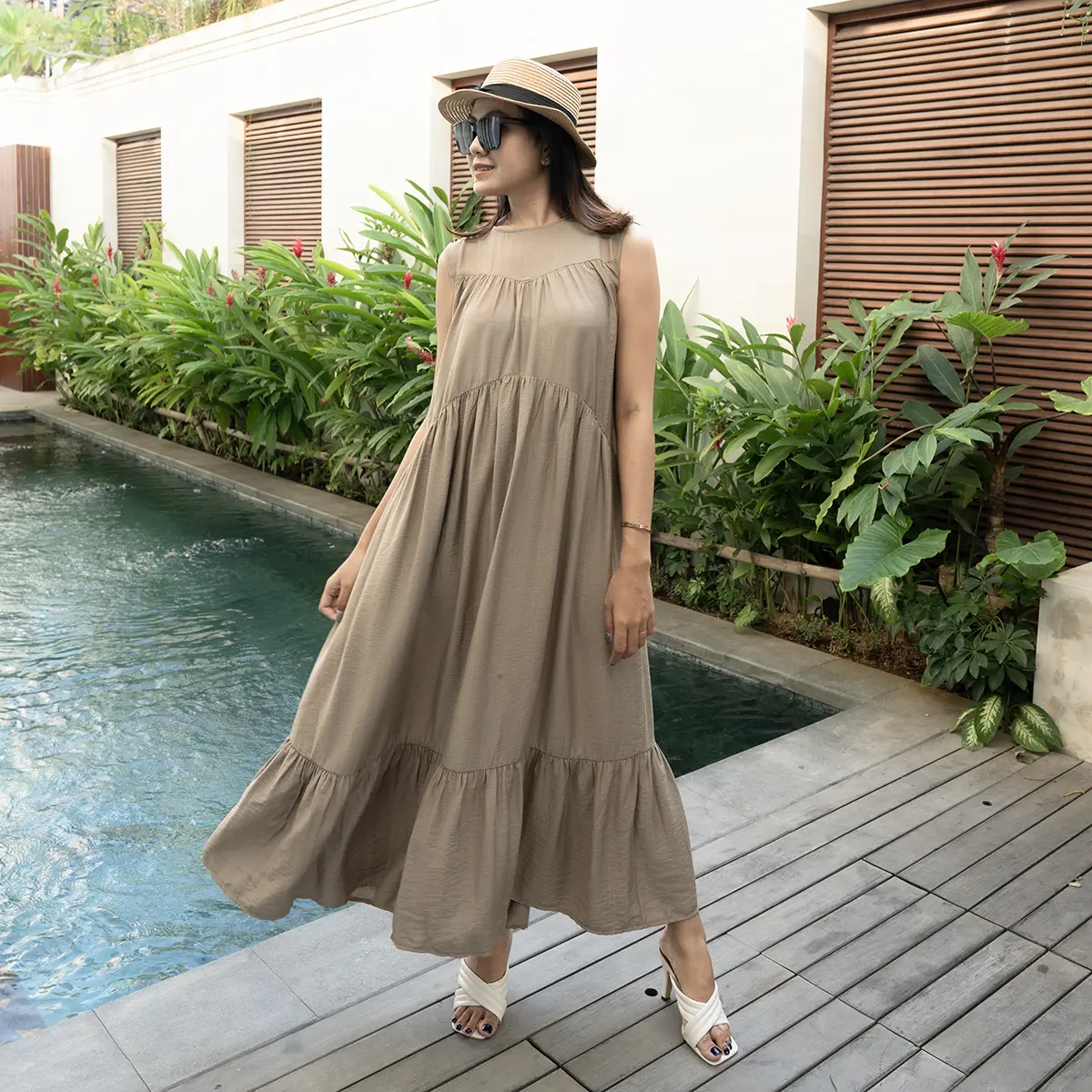 Simplyrooms Sisy Dress Korean Elegan Santai Polos Gaun Casual Ruffle Kantong Nyaman Panjang Garis Kancing Midi Basic