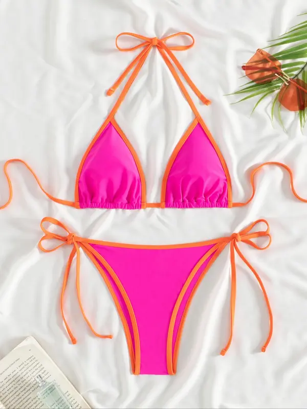 Two-Piece Set Women's Contrast Binding Tie Back Bikinis Set, Colorblock Halter Neck Triangle Swim Bra & Tie Side Swim Bottom, Ladies Summer Swimwear for Beach Holiday Vacation 0