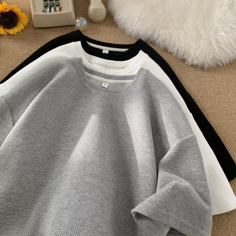 Product Introduction of M-8XL Korean Basic Waffle Oversize Top Men Casual Loose Plain Short Sleeve Plus Size T Shirt 5
