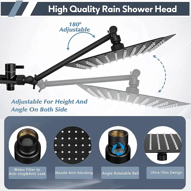 Stainless Steel Shower Head, 1 Set Including Rainfall Shower Head & Handheld Shower Head & Extension Arm & Accessories, Shower Supplies for Bathroom 6