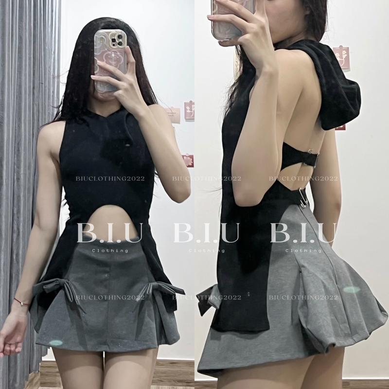 Set áo croptop kèm nón dây đôi hở lưng chân váy xếp ly đính nơ Jen Set Biu Clothing BB0159 Nữ Women Kem Cotton