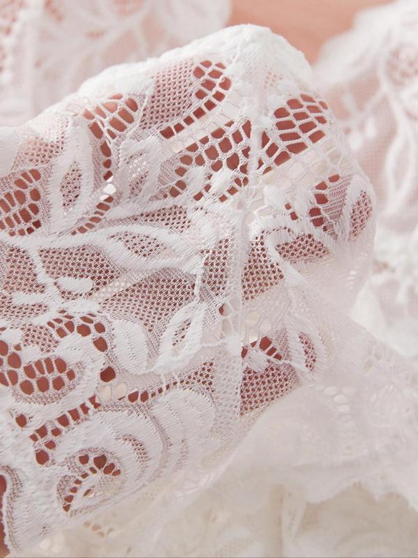 Women's Solid Color Floral Lace Bow Decor Deep V Neck Sheer Mesh Cami Nightdress & Thong, Romantic Comfortable Breathable Adjustable Spaghetti Strap Backless Ruffle Hem Nightdress & Thong Set for Daily Wear, Women Sexy Lingeries & Costumes 2