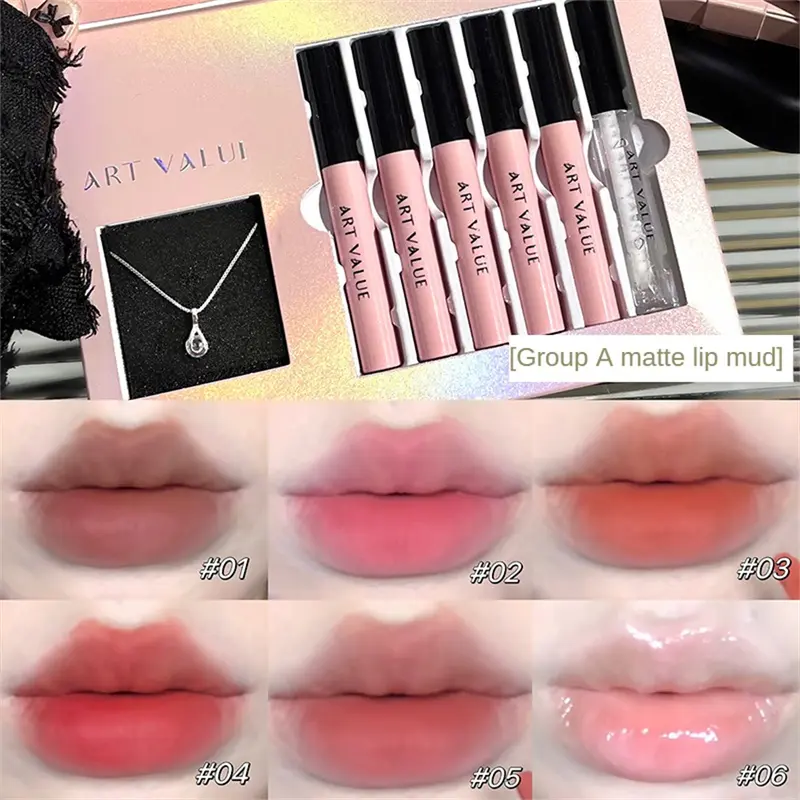 Bộ Son Kem, GIÁ TRỊ NGHỆ THUẬT, 6 CÁI, Với Vòng Cổ, Bóng Nước Mịn, Bùn Môi Lì Sương Nhung, Không Thấm Nước Và Lâu Trôi, Giữ Màu, Dầu Dưỡng Môi, Bộ Trang Điểm 6