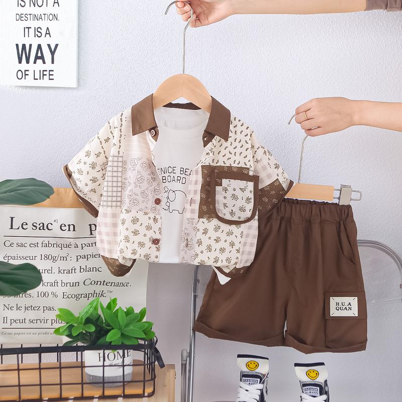 Product Introduction of New Style Boys' Summer Fashion Full Print Floral Shirt Short Sleeve Three-Piece Set Trendy 2025 Boys' Summer Outfit 2