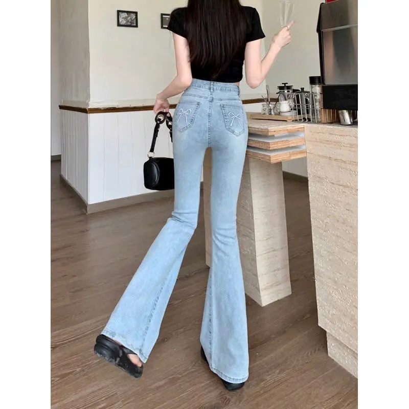 Quần jeans ống loe túi sau thêu hoạ tiết nơ lưng cao co dãn phong cách hàn quốc 7