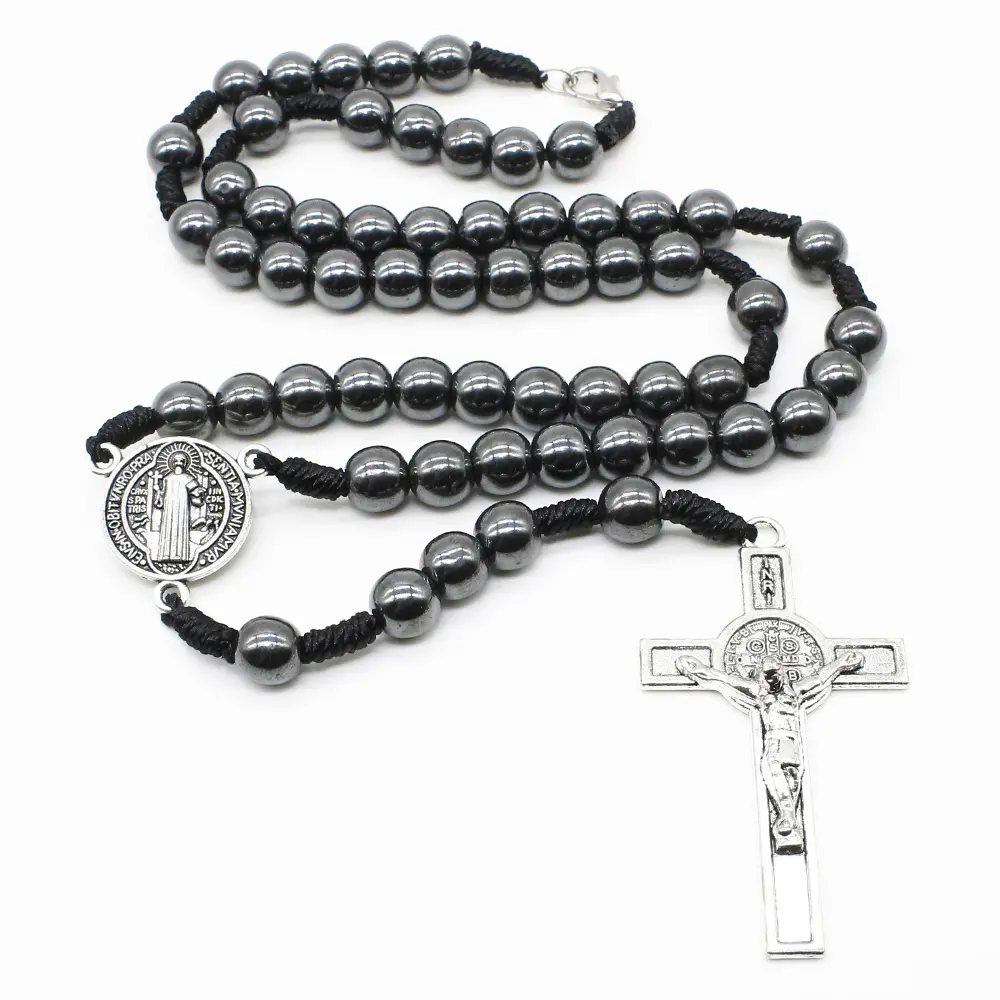 Hematite Rosary Beads Catholic - St Benedict, St Michael, Santo Nino, Mother and Christ, Divine Mercy - Artesano Gifts