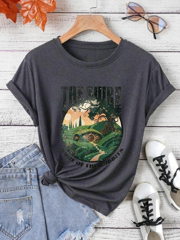 Women's Cartoon Graphic Print Round Neck Tee, Fashion Casual Short Sleeve T-shirt for Daily Wear, Ladies Summer Clothes 3