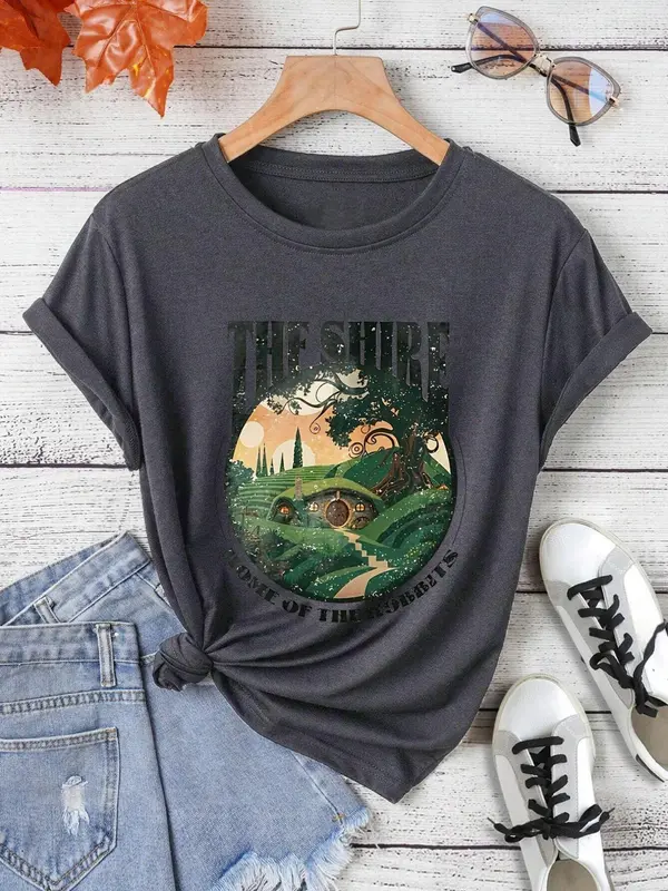 Women's Cartoon Graphic Print Round Neck Tee, Fashion Casual Short Sleeve T-shirt for Daily Wear, Ladies Summer Clothes 3