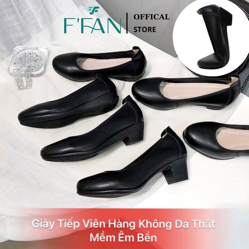 Giày tiếp viên hàng không nữ da thật FFAN mũi tròn da mềm mại công sở cao gót đế vuông màu đen bít mũi big size Cao Su Shoes