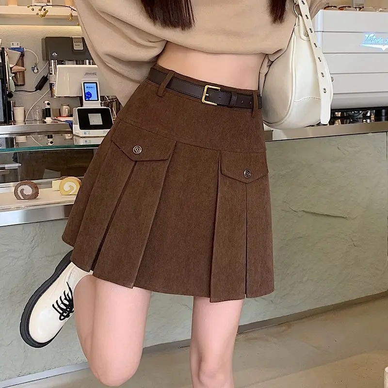 Chân Váy Xếp Ly, Chất Liệu Vải Nhung Kẻ, Dành Cho Nữ, Hàng Mới Về Mùa Thu Và Mùa Đông, Chữ A Cạp Cao, Bó Sát, Trẻ Trung Và Cổ Điển, Dễ Phối Đồ, Phong Cách Phương Tây, Chân Váy Ngắn 4